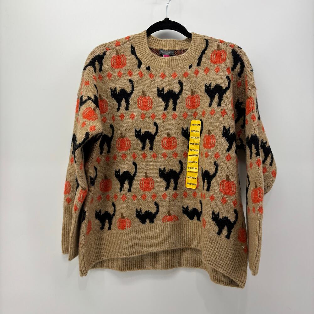 Vince Camuto Medium Womens Sweater Black Cat Pumpkin Halloween Crewneck Fall - Picture 1 of 13